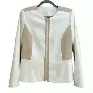 Calvin Klein Cream and White Blazer with Gold Dual Zipper, Size 8, Medium